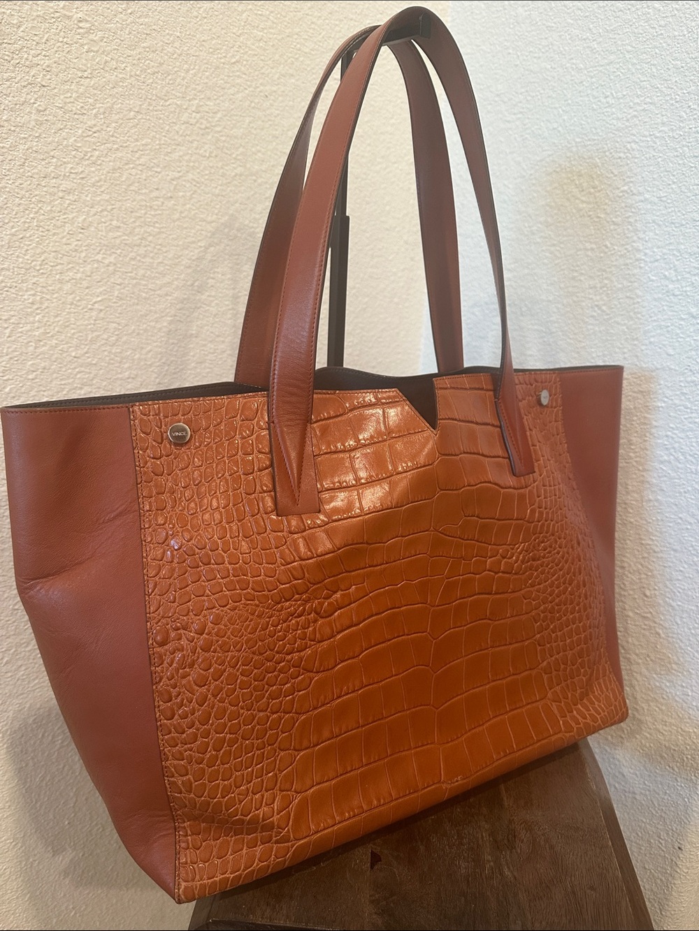Vince Signature V Croc-Embossed Leather Tote Color Cognac